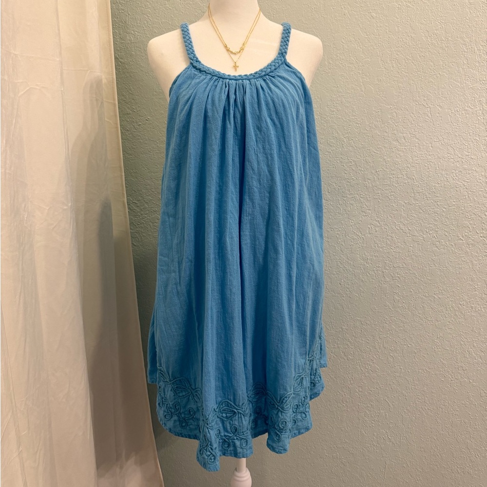 Blue Sleeveless Dress with Embroidered Hem